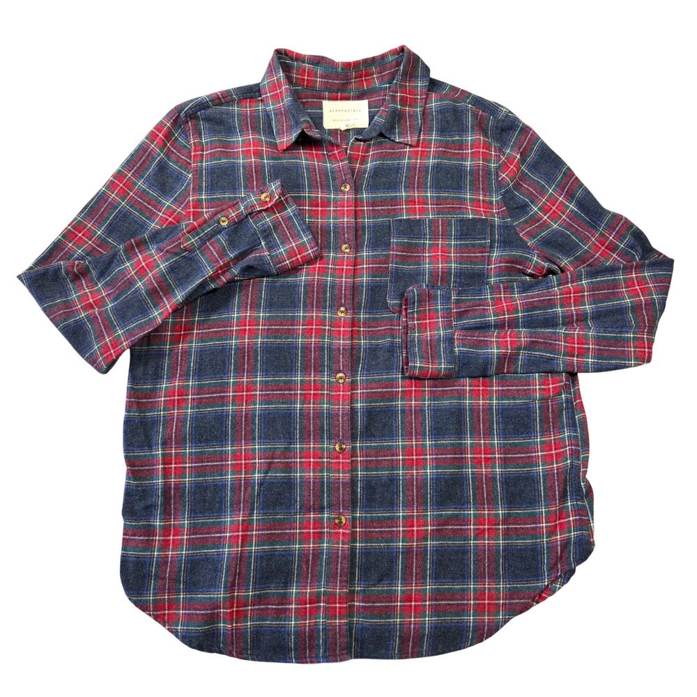 Aeropostale Womens Navy Red Plaid Flannel Boyfriend Fit Button‎ Down Shirt L